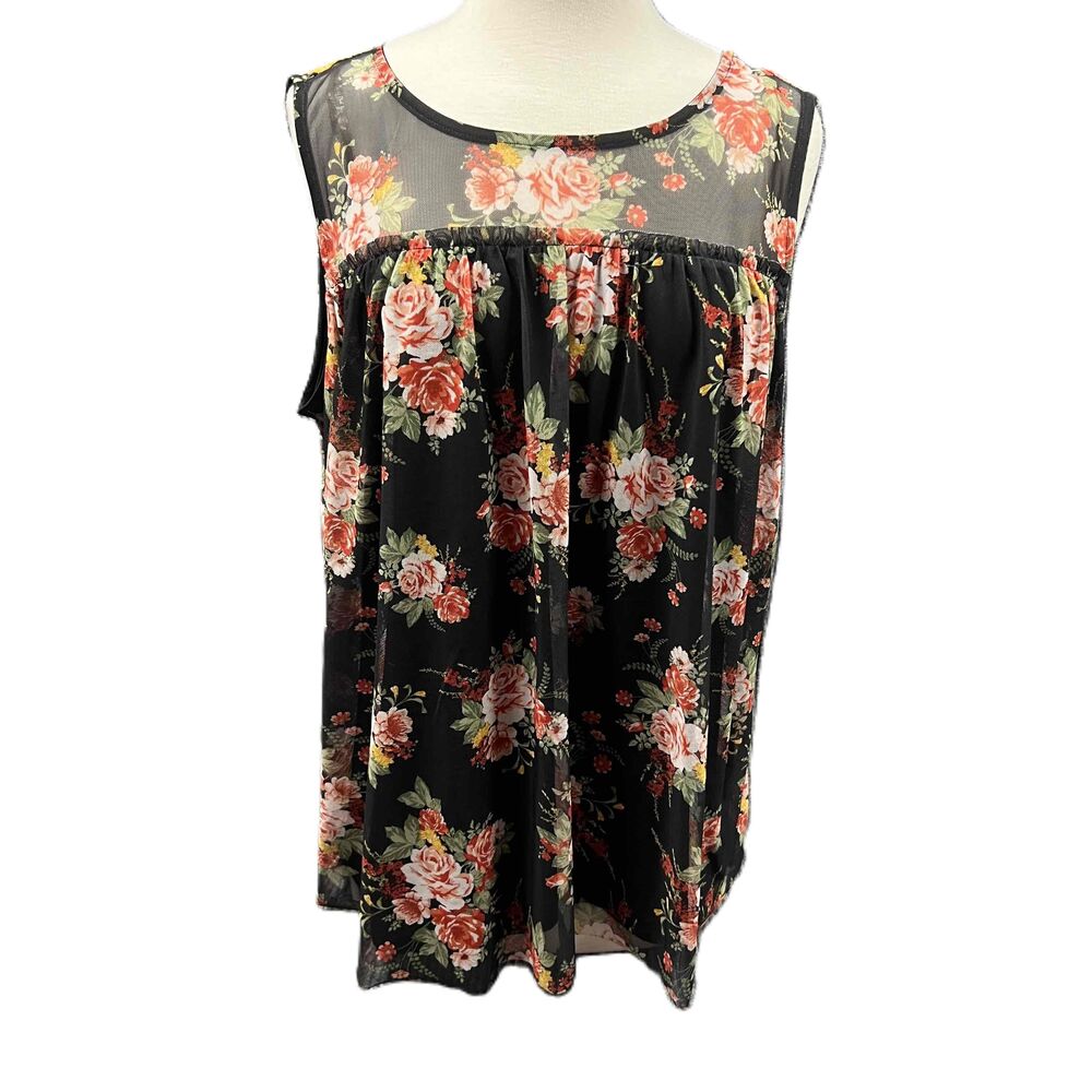Bobbie Brooks Tunic Blouse Women 1X Coral Black‎ Floral Sheer Sleeveless Top